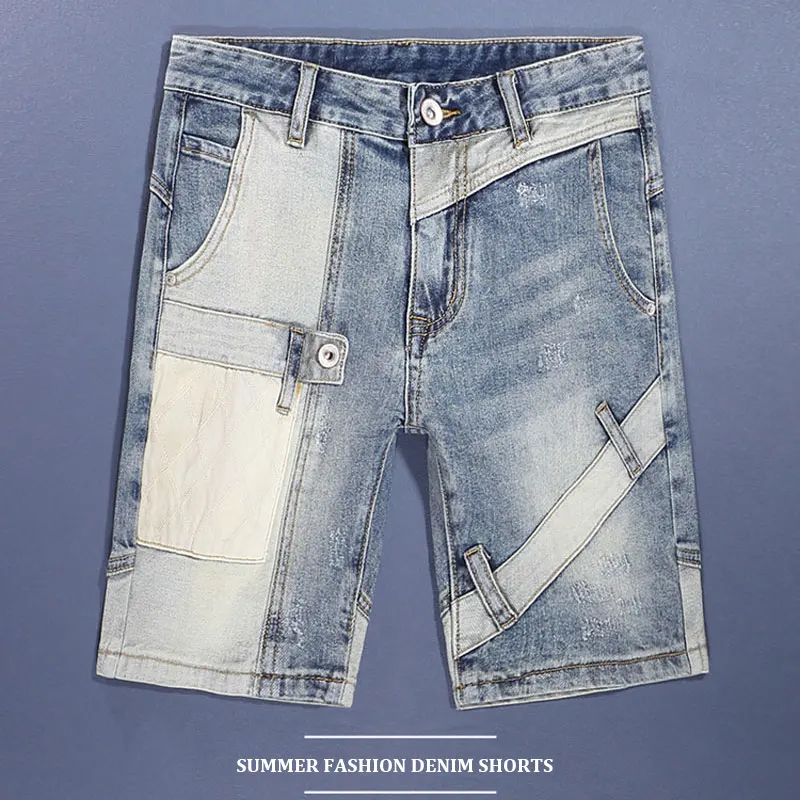 Summer Fashion Men Jeans Retro Washed Blue Stretch Slim Fit Patched Ripped Short Jeans Spliced Designer Hip Hop Denim Shorts Men