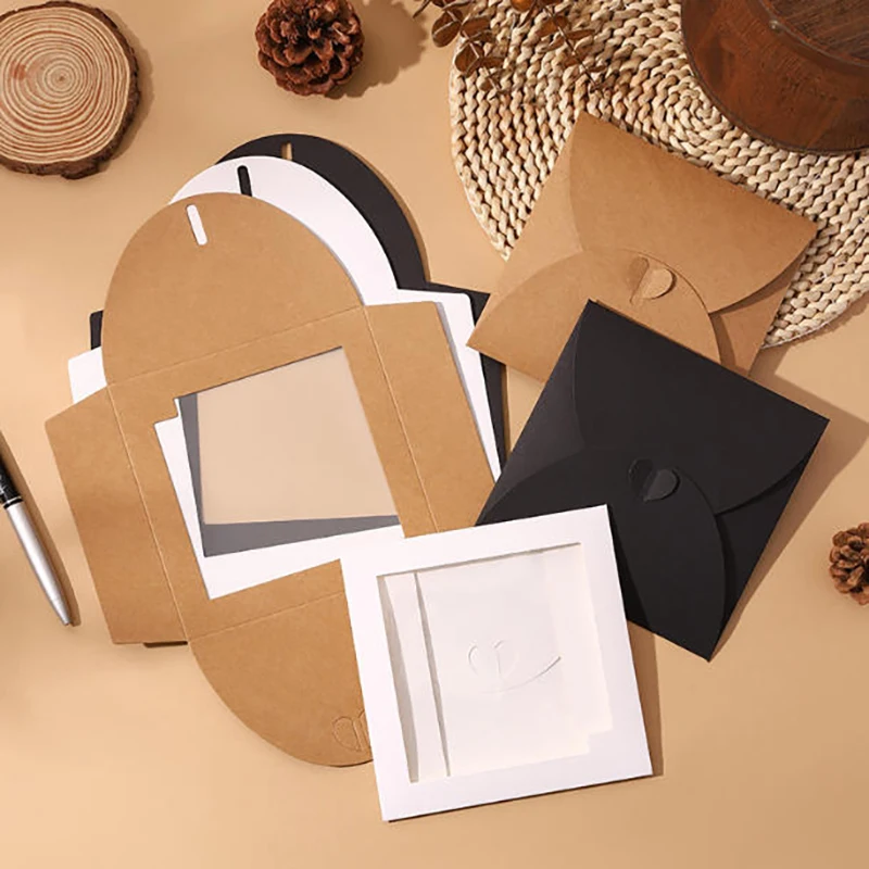 50Pcs Window  Kraft Paper Gift Card Envelopes with Heart Clasp 15x15cm Thank You Cards for Weddings Corporate Event