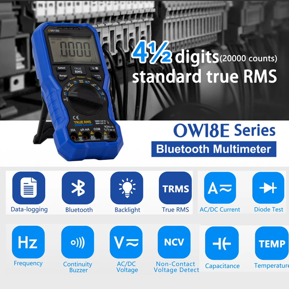 

Цифровой мультиметр OWON OW18E, 4 1/2 цифр, True RMS, с BLE, Вольтметр постоянного и переменного тока, ток, температура, частота NCV, тестер диодов