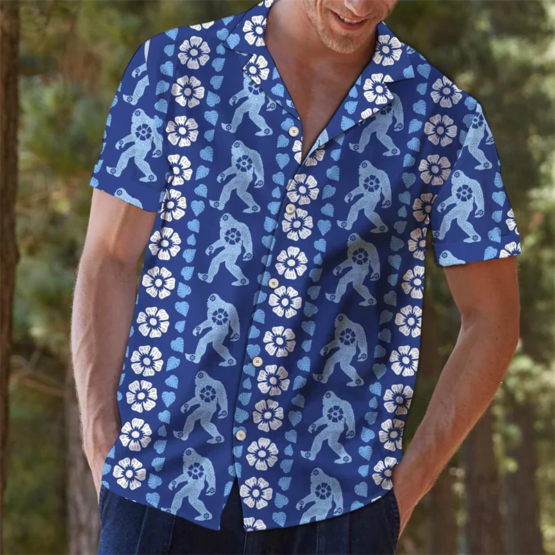 

Fashion Bigfoot Pattern Hawaiian Shirts Summer Casual Holiday Vacation 3D Printed Short Sleeve Shirt Cool Streetwear Mens Blouse