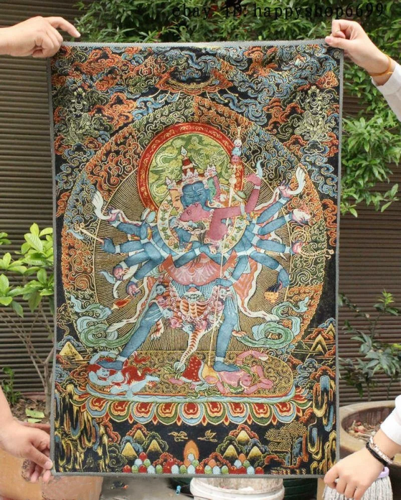 36 Inch Tibet Buddhism Silk Cloth Thangka Embroidery Mural Featuring Yamantaka Buddha for Home