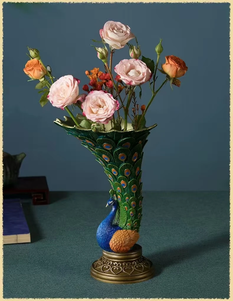 Peacock Vase Simulation Animal Ornament Living Room Desktop Copper Ornament Home Decoration Crafts Dried Flowers Vase