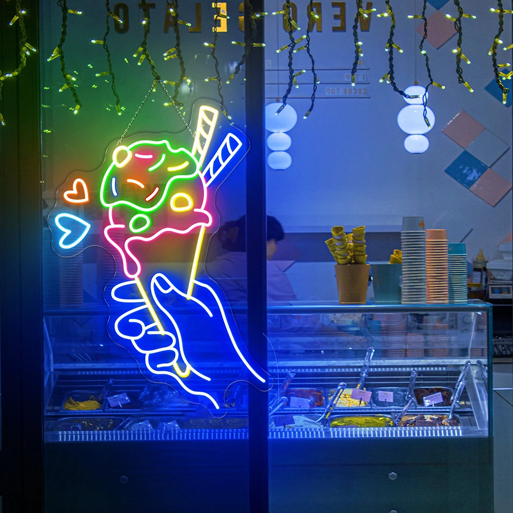 Hand Holding Ice Cream Neon Sign Ice Cream Store Decor Led Light Sweet Frozen Desserts Neon Hand Holding Gelato Lights Sign