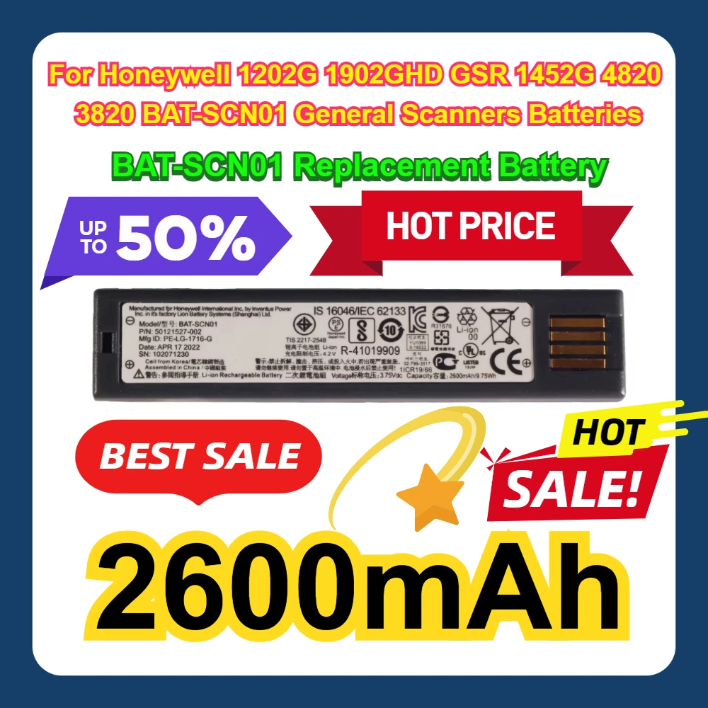 

BAT-SCN01 2600mAh Replacement Battery For Honeywell 1202G 1902GHD GSR 1452G 4820 3820 BAT-SCN01 General Scanners Batteries