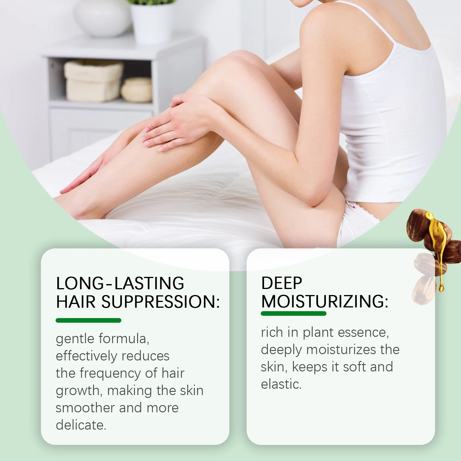 تمنع نمو الشعر بالزيت العطري يقلل من الإبط والساق وترطيب الشعر وتبييض البشرة ورائحة خفيفة تدوم طويلاً وزيت إزالة الشعر