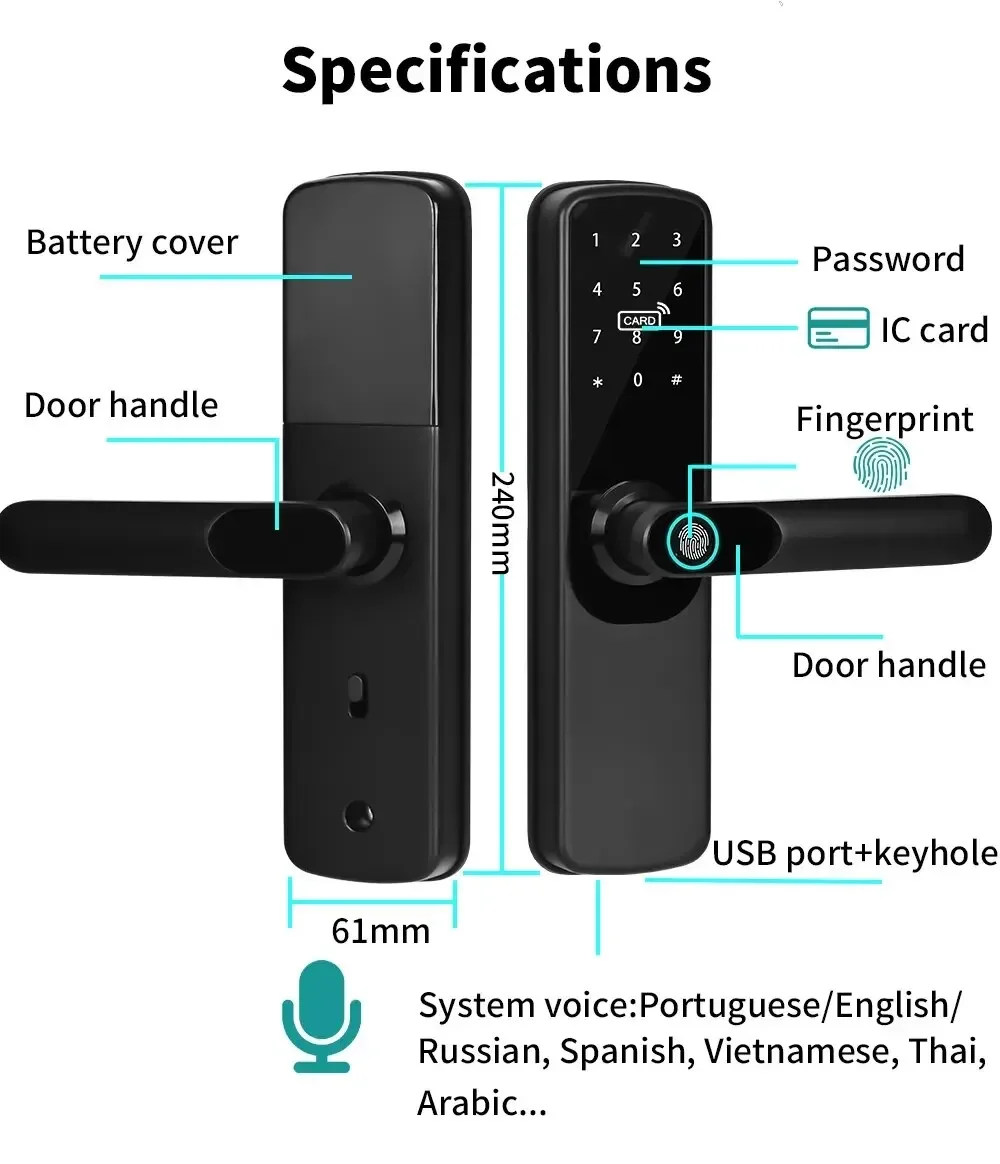 Tuya Wifi Electronic Smart Door Lock With Biometric Fingerprint / Smart Card / Password / Key Unlock/ USB Emergency Charge