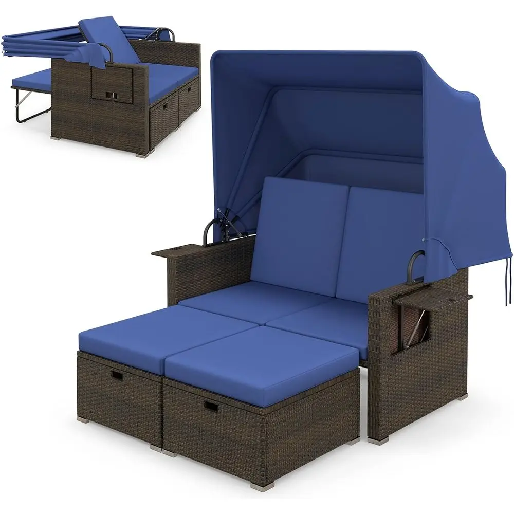 

Уличная кушетка с выдвижным навесом - комплект диванов из ротанга с регулируемыми спинками, 2 складными боковыми панелями, оттоманкой для хранения