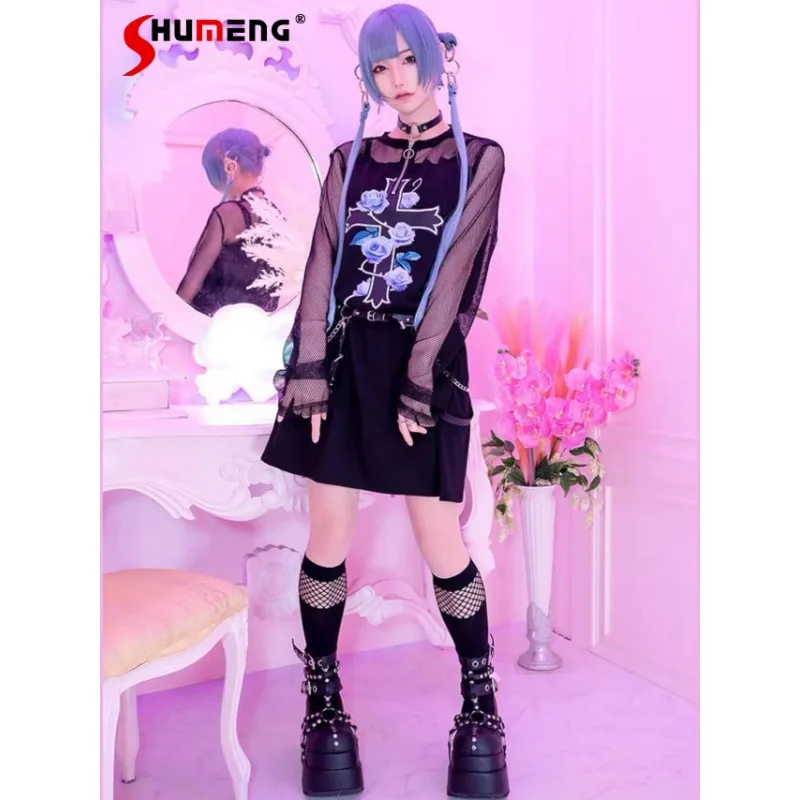 

Sub-Culture Mine Style Mesh T Dress for Women 2024 Spring Summer New Gothic Loose Rose Cross Short Sleeve Midi T-shirt Dresses