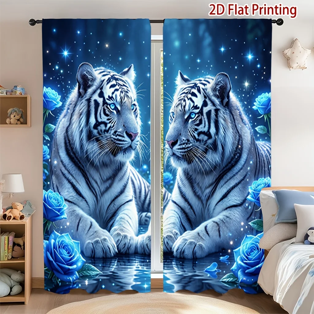 Galaxy White Tiger Blue Rose Curtain 2 Panels Starry Water Reflection Dark Blue Background Master Bedroom Curtain Wildlife