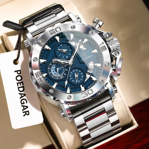 Imagen 2 del producto Reloj POEDAGAR de lujo para hombre, calendario luminoso resistente al agua, Reloj para hombre, cronógrafo, relojes de cuarzo de acero inoxidable para hombre, Reloj de regalo