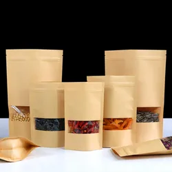 50PCS/100PCS Papier Kraft Haute Fenêtre Transparente Sacs Ziplock Refermable Poudre Sucre Café Haricots Chocolat Thé Cadeaux Pochettes De Rangement