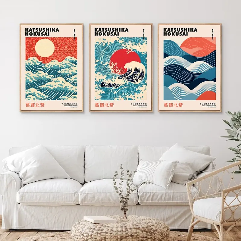 Japanese Ukiyoe Hokusai Waves Landscape Vintage Posters and Prints Canvas Painting Wall Art Pictures for Living Room Home Decor