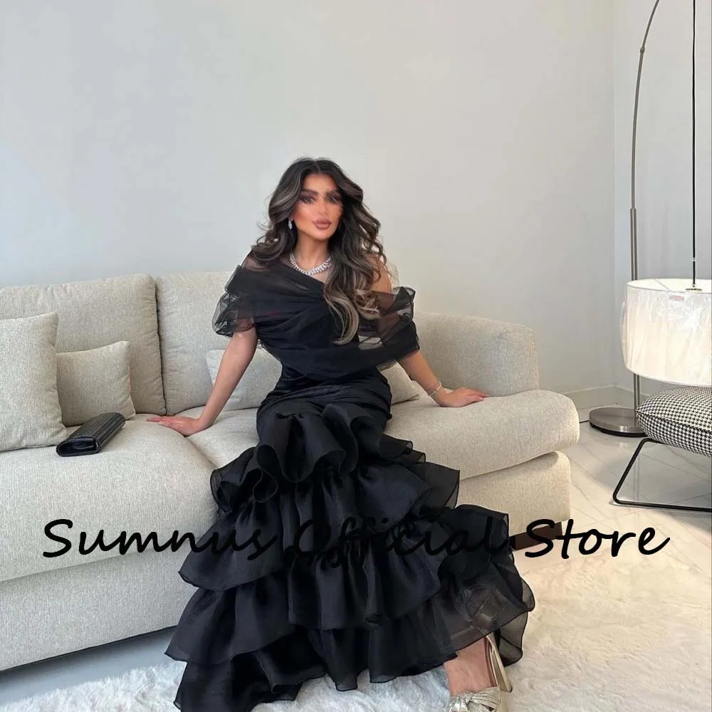 Sumnus Black Mermaid Saudi Arabic Evening Dress Pleats Tiered Tulle Off Shoulder Dubai Prom Party Dress Floor Length Customized