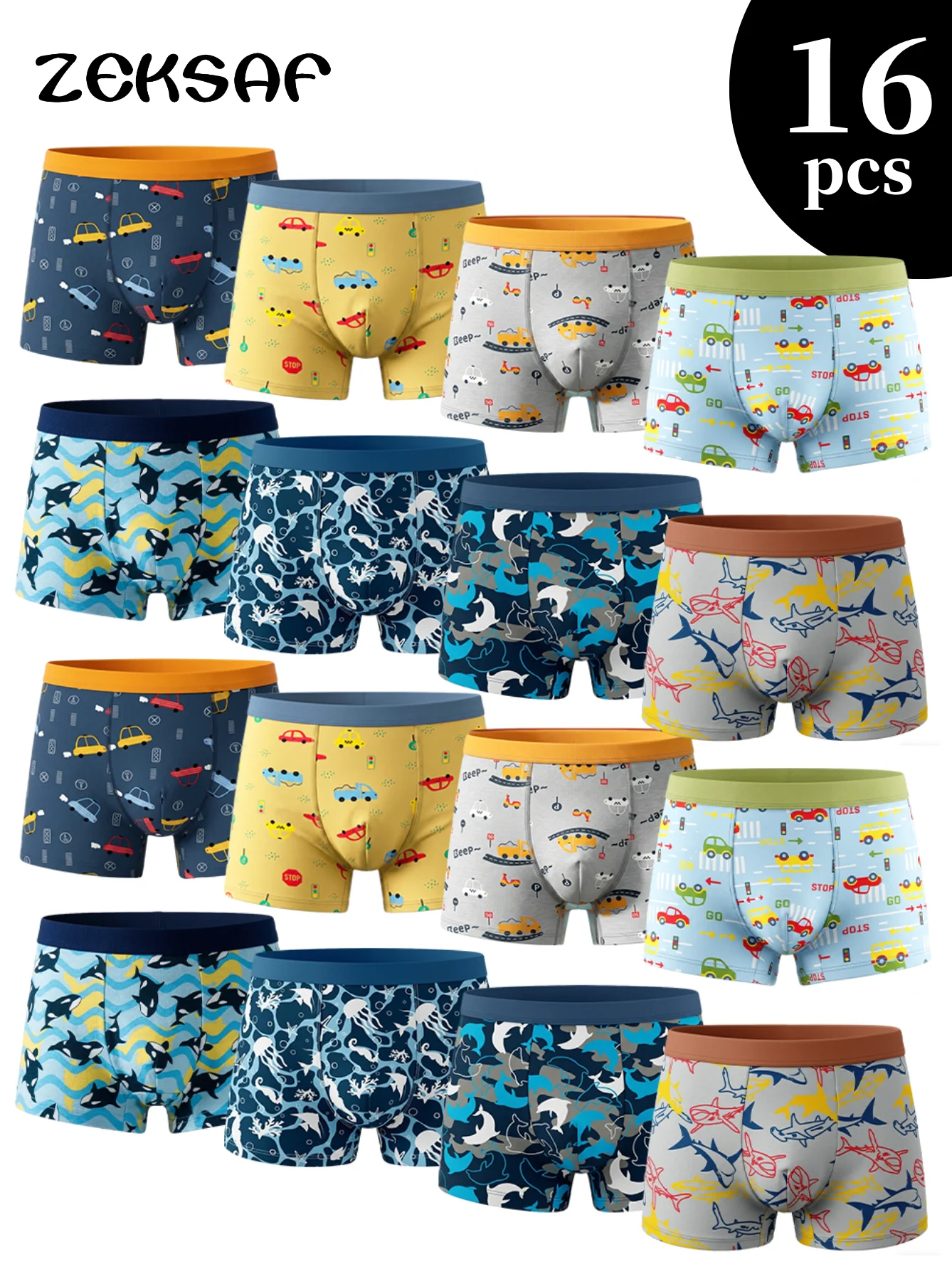 ZEKSAF Kids Sports Boxer Underpants 16 Pack Cotton Soft and Breathable Boys Underwear Size 4-13