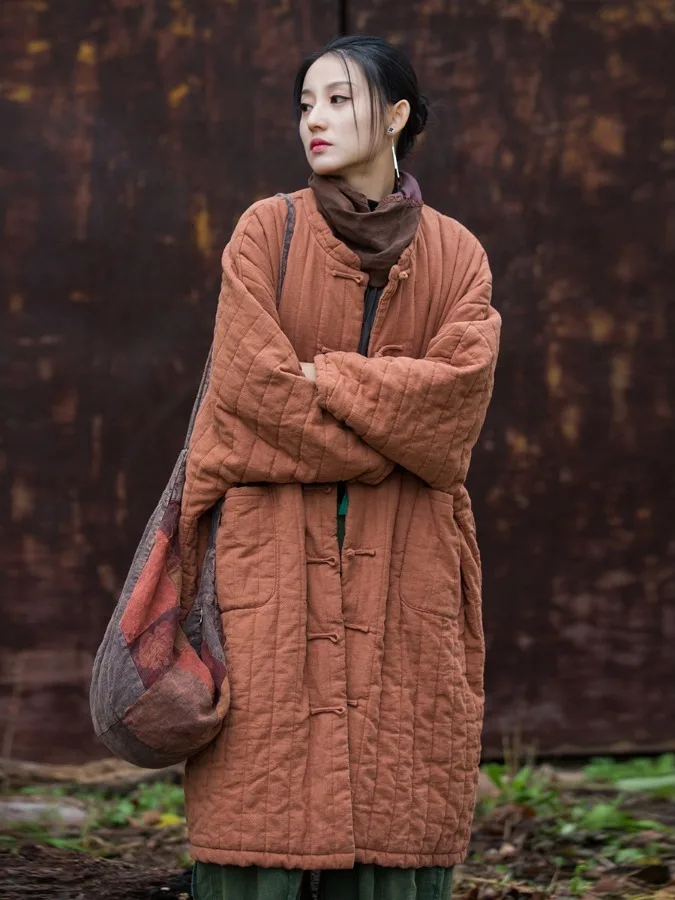 

Новое китайское национальное трендовое хлопковое джато женское зимнее ретро дзен с пуговицами средней длины теплое хлопковое пальто пальто