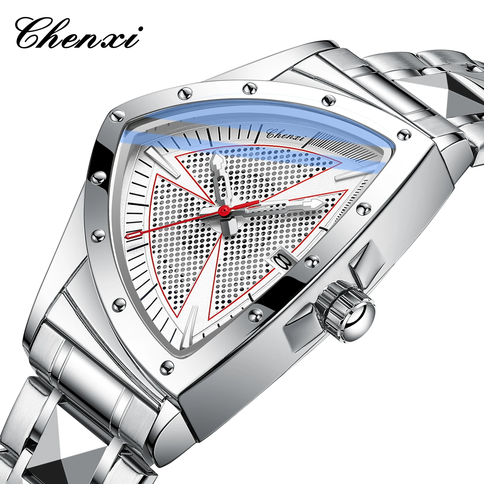 

CHENXI Серебряные мужские кварцевые часы нестандартного дизайна, водостойкий, светящийся браслет из нержавеющей стали, часы премиум-класса 2025г.