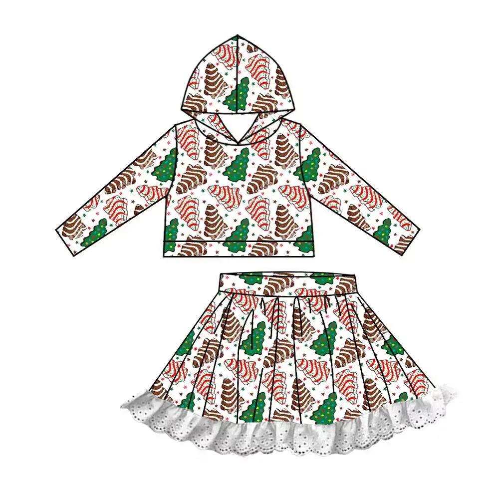 Christmas Cartoon Print Girls Autumn Long Sleeve Hooded Top Short Skirt Boutique Set Retail and Wholesale