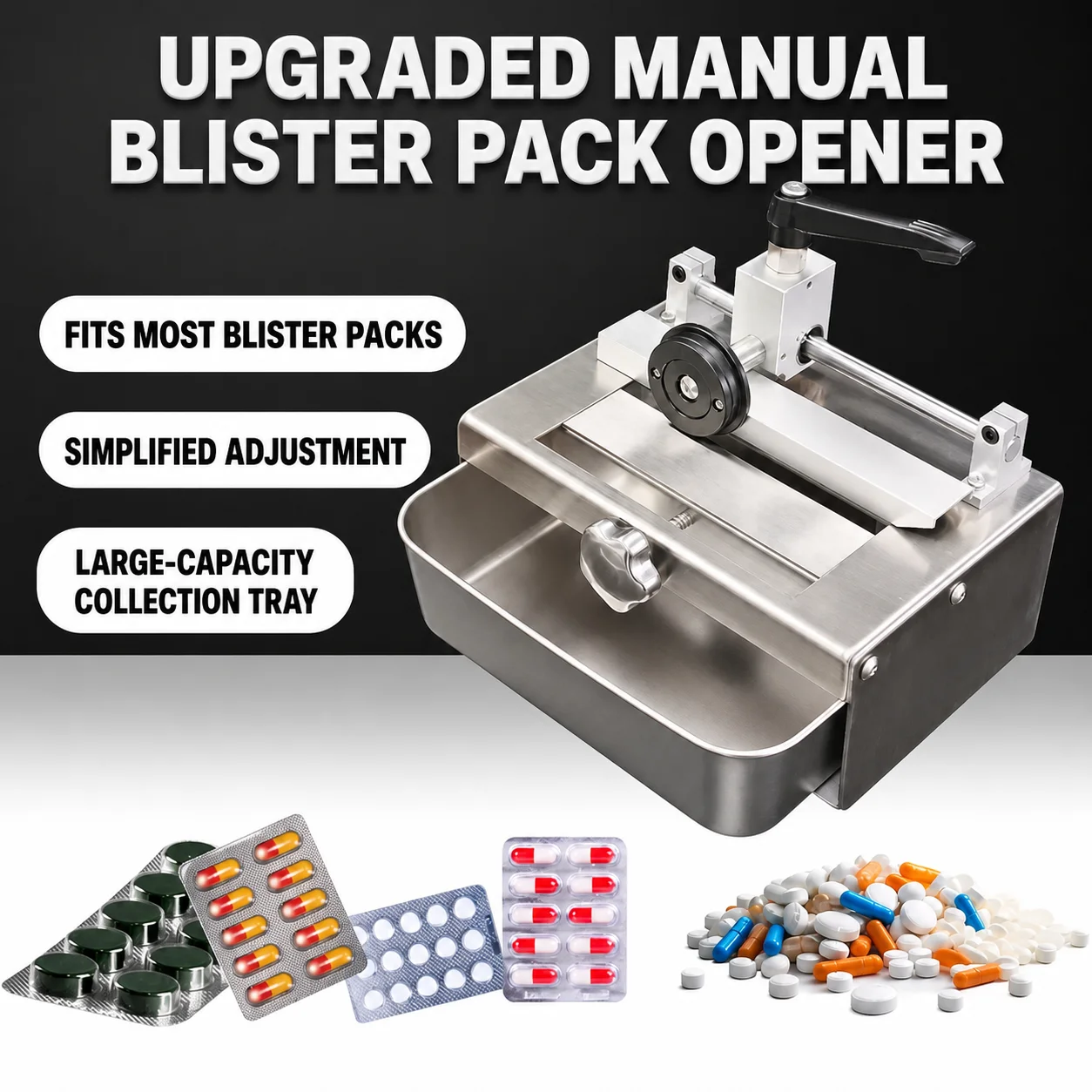 FMF Manual Tablet & Capsule Deblistering Machine, Adjustable Roller Blister Pack Opener with Collection Tray