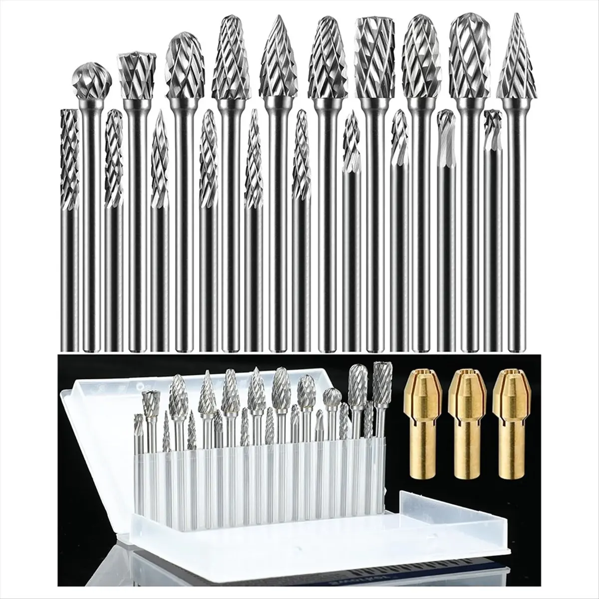 A20I 3Pcs Collects and 20Pcs 1/8inch Shank Carbide Burr Compatible Wood Stone Steel Attachment Rotary Tool Accessories Set