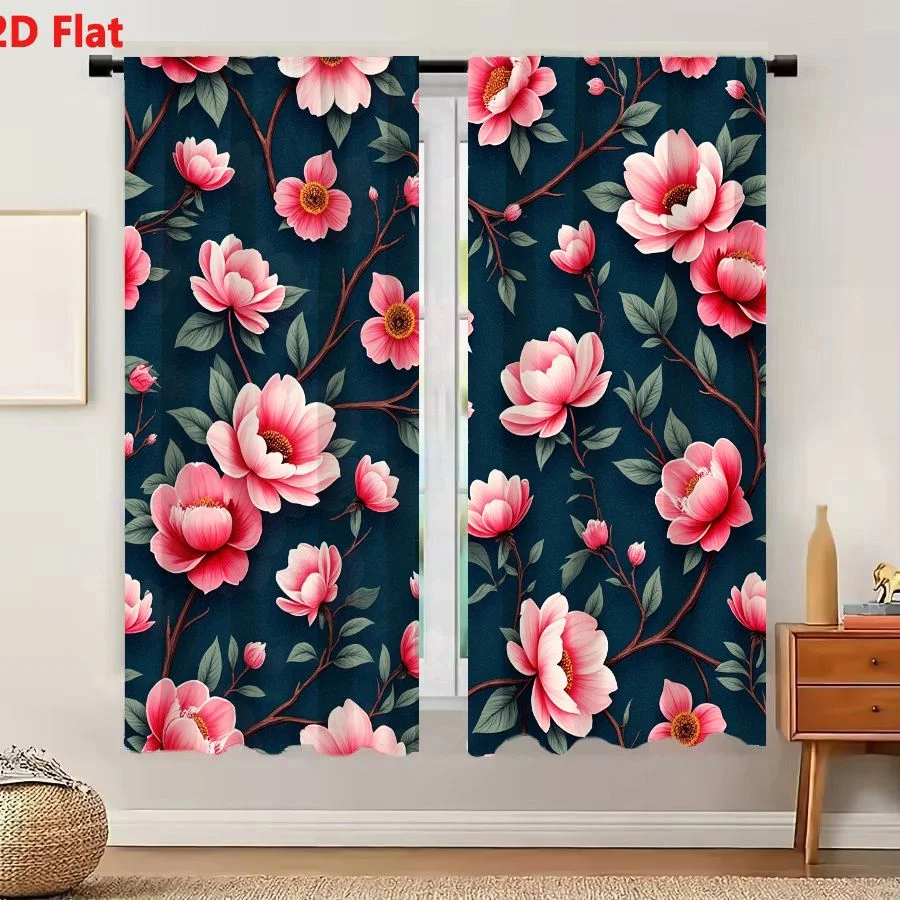 2Pcs Curtains 2D Flat Seamless Floral Pattern Navy Blue Background Pink Coral Blooms Green Leaves Window Drapes for Bedroom Room