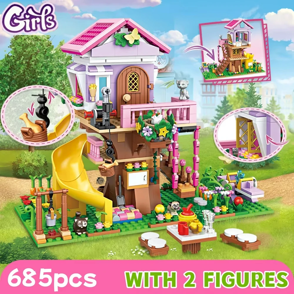 Casa de bloques de construcción de la serie Girl, Villa, campamento, casa en el árbol, Castillo de princesa Yizhi, juguetes de ensamblaje, regalo para niña