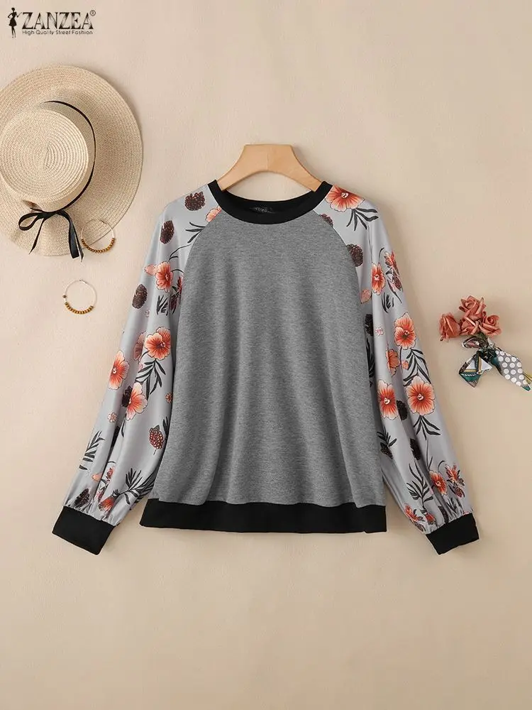 ZANZEA بلوزات النساء 2025 الخريف طويلة الأكمام الأزهار المطبوعة البلوز المرقعة هوديس القمم عادية س الرقبة محبوك البلوز #4