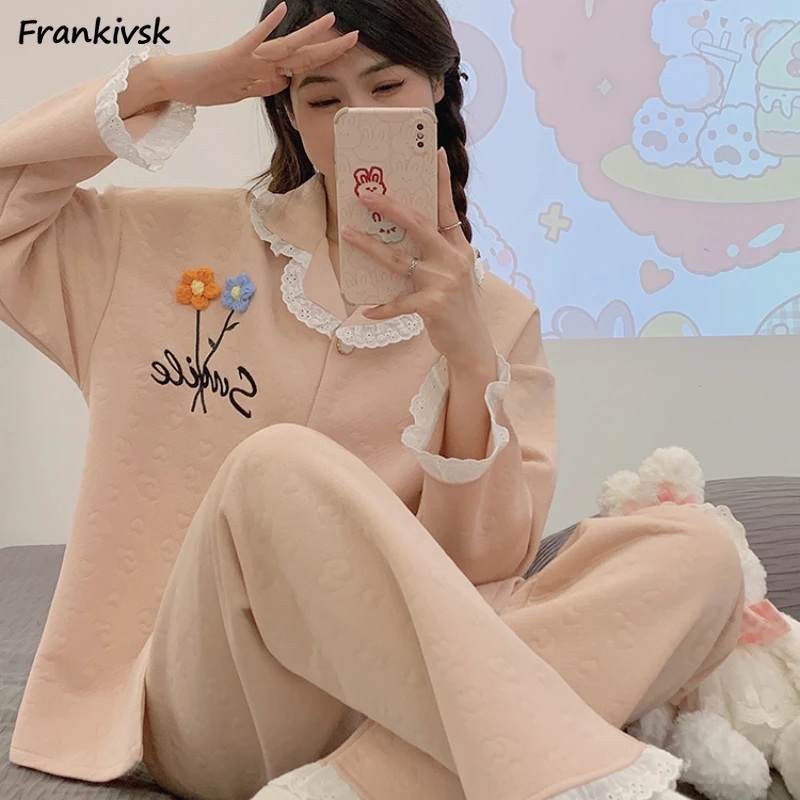 

Autumn Pajama Sets Women 3D Floral Simple Lace-design Sweet Korean Style Gentle Single Breasted Stylish Popular Hipster Homewear