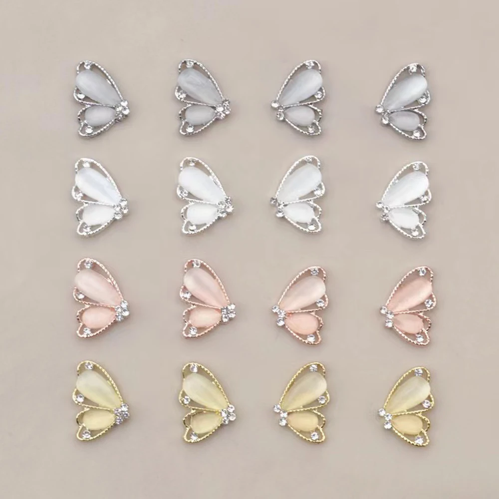 10Pcs Siver White Crystal Butterfly Nail Art Charms 3D Alloy Hollow Cat's Eye Zircon Nail Gems Luxury Butterfly Nail Accessories