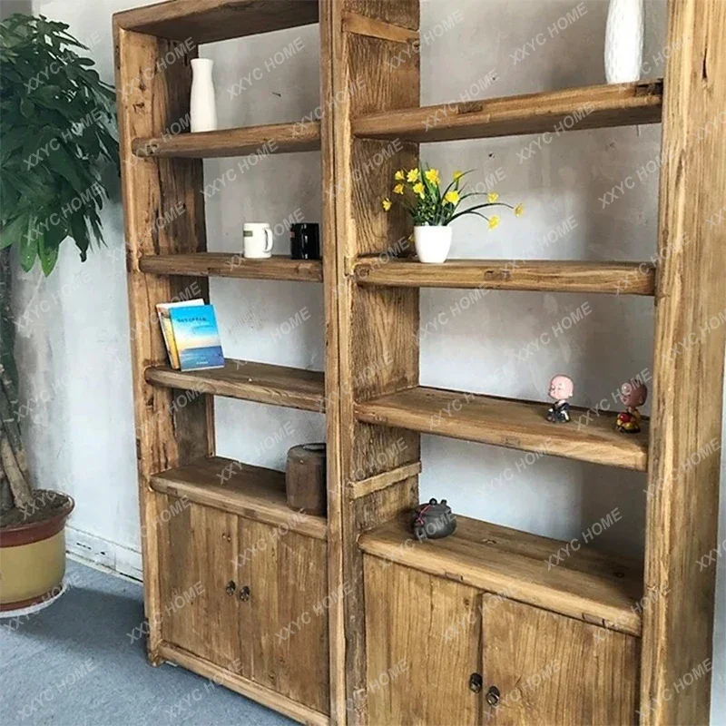 Retro Solid Wood Bookshelf Shelf Floor-to-ceiling Multi-functional Display Shelf