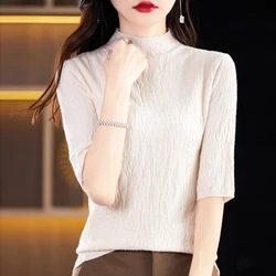 Women Sweater Mock Neck Short Sleeve Knitted Shirts Slim Fit Pullovers Stripe High Strecth Autumn Winter Warm Bottoming Shirts