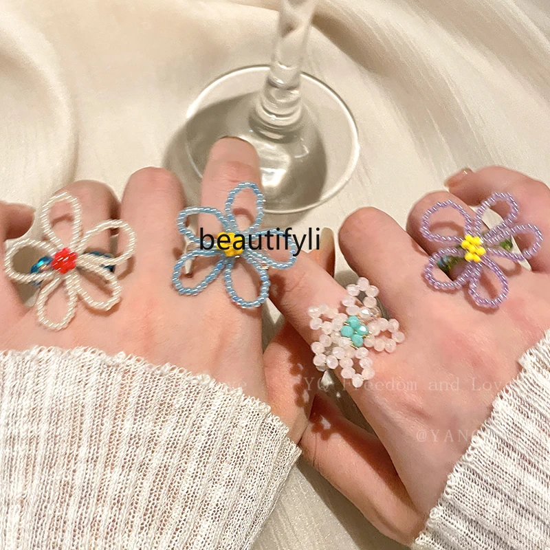 Summer Dopamine Colorful Beaded Flower Ring Niche Unique Design Ring New Exquisite Bracelet