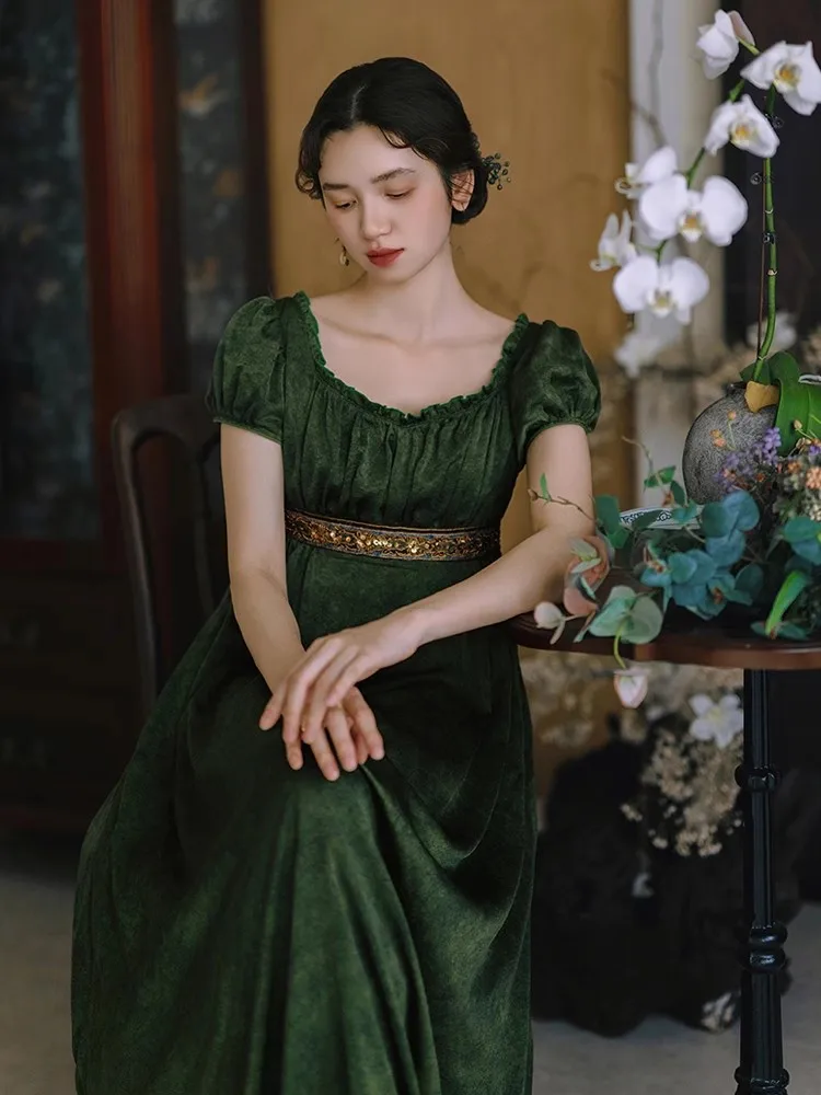 84-96 cm Abito lungo verde busto Abito stile corte vintage da donna Elegante collo quadrato sottile Perline Paillettes Abito imperiale a vita alta