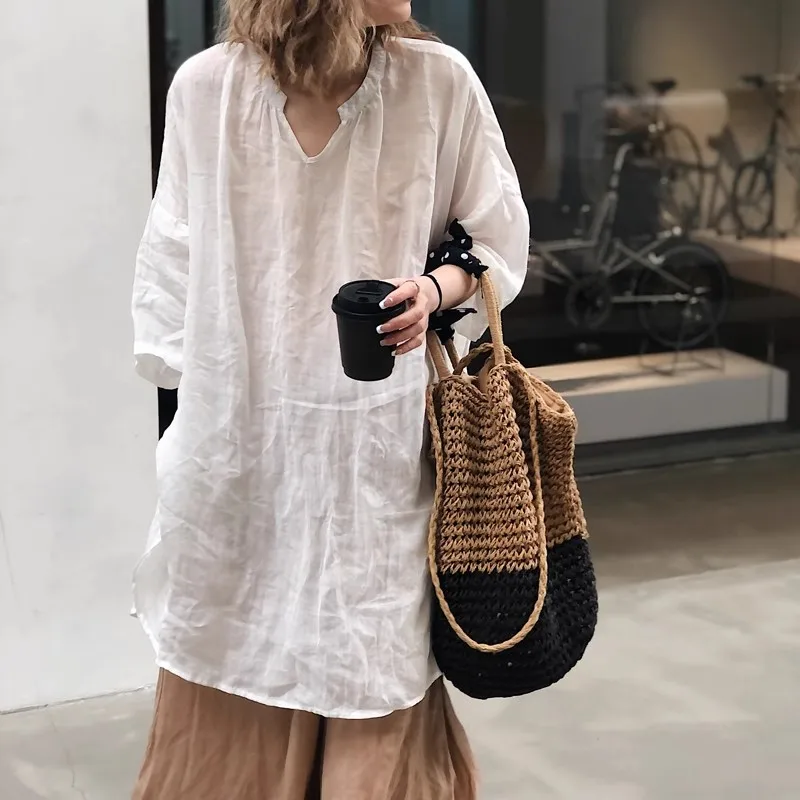 

Summer Autumn Loose Blouse Women Shirts Fashion Female Long Sleeve Cotton and Linen Blouse Pullover Tops Casual Shirts