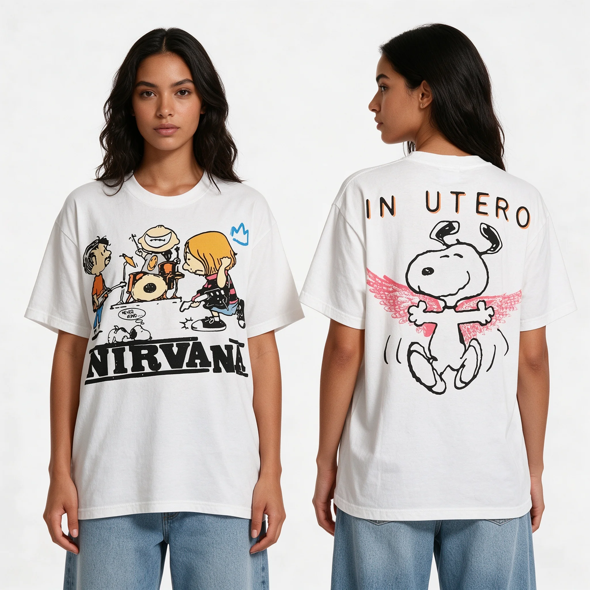 Snoopy Nirvana Women's Tshirt Summer Rock Band Tee Vintage Streetwear Style Casual Oversized Shirt Unisex Couple Clothing