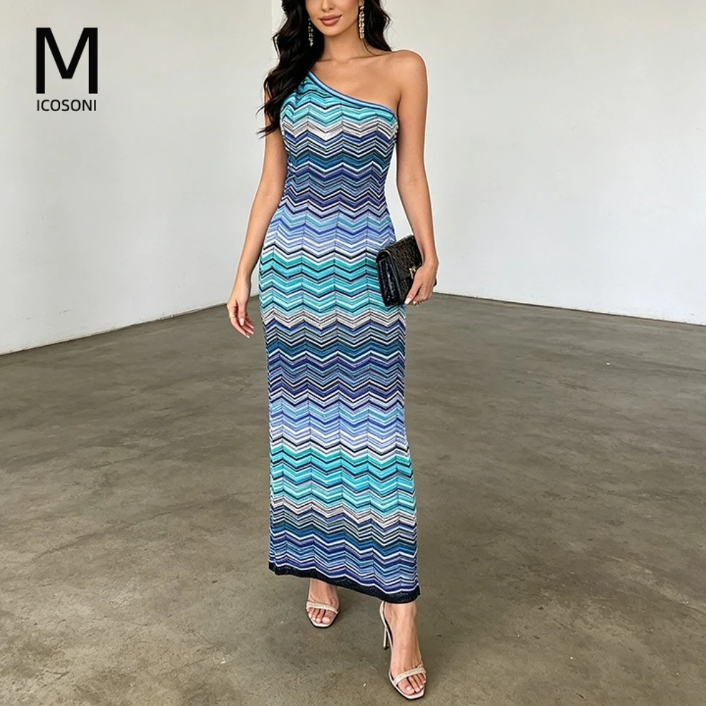 High-end Quality Fashion Knitted Dress 2026 New Unilateral Slanted Shoulder Sleeveless Striped Bright Silk Slim-fitting Dress