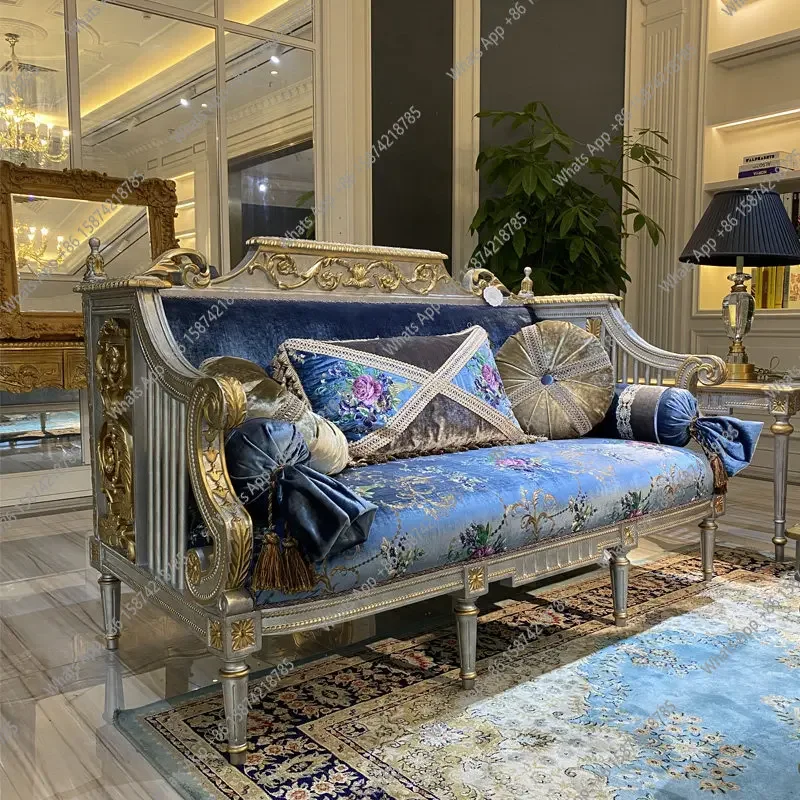 Xx Julianne French Hand-carved Blue Embroidered Flower Solid Wood Three-piece Sofa Combination Designer