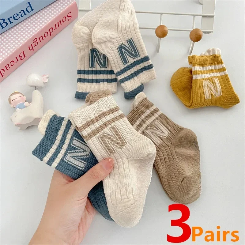 

3Pairs/Lot Baby Letter Non-slip Socks Soft Cotton Short Kids Sock Infant Toddler Boys Girls Cute Stripe Socken For 0-5Years
