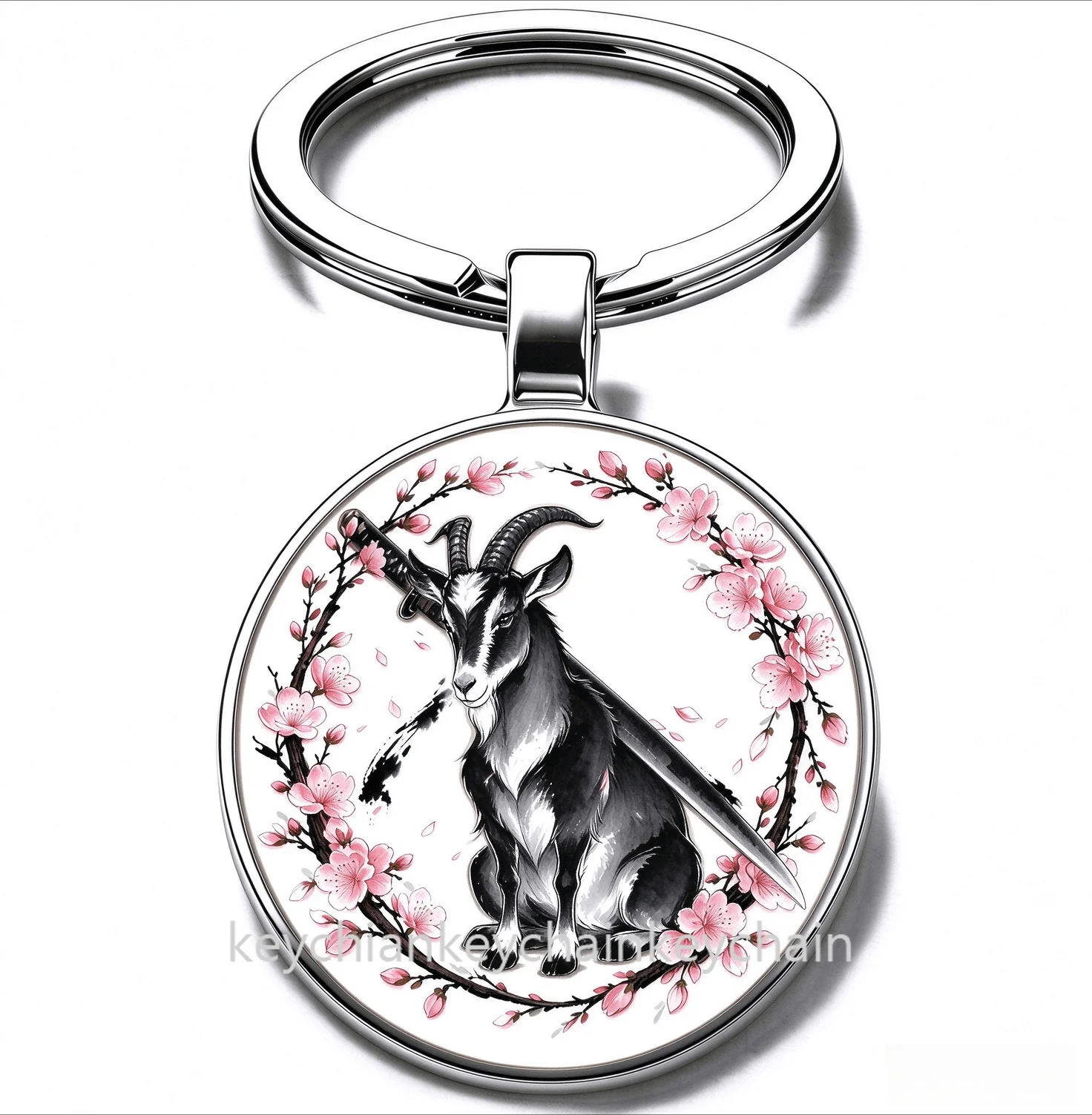 Japanese Year of the sheep zodiac sheep Cherry Blossom Katana Keychain Samurai Sword Sakura Wreath Key Ring Car Bag Pendant