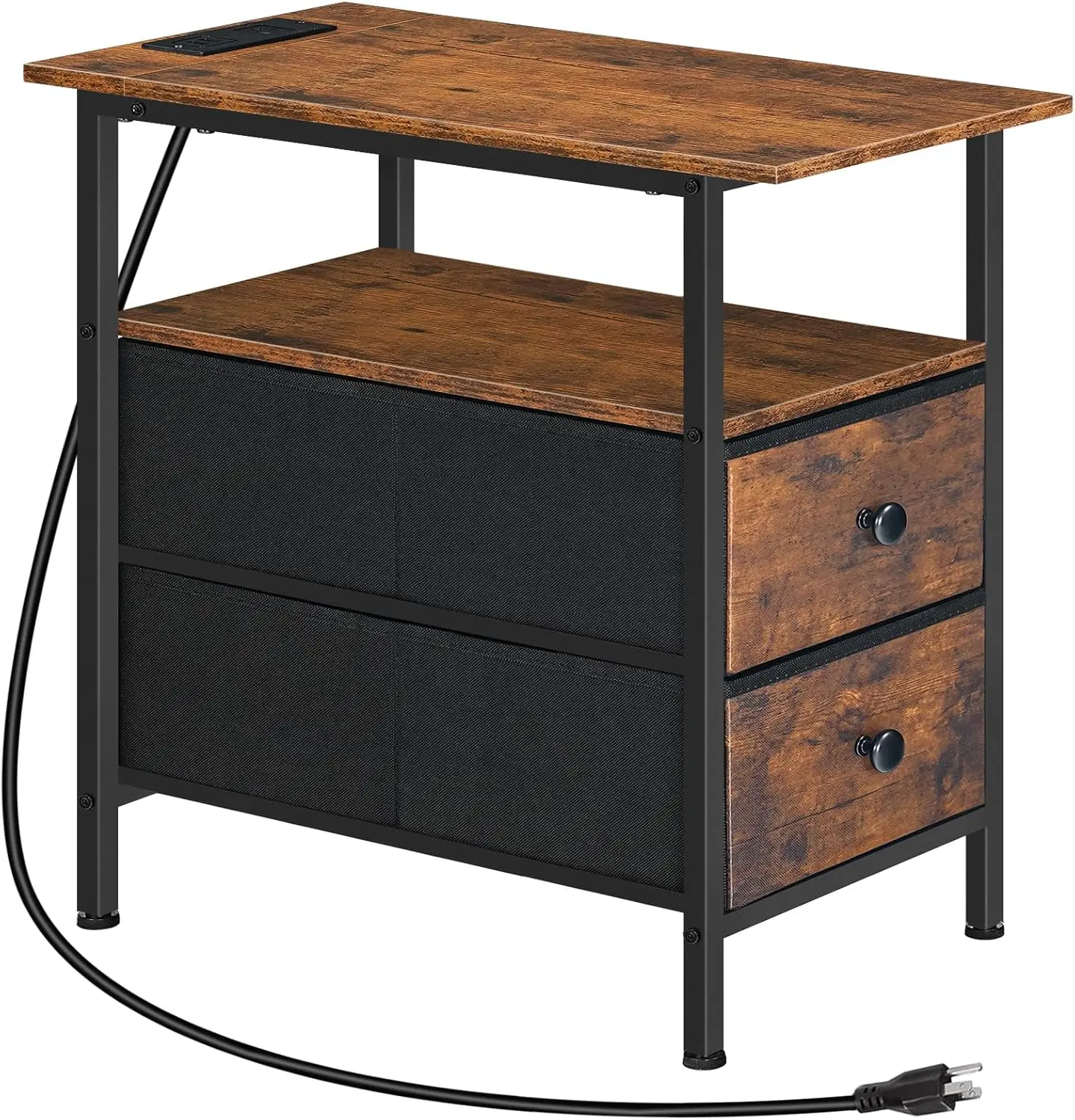 

Slim Charging Station Side Table with 2 Drawers, Rustic Brown & Black Nightstand for Small Spaces in Living Room or Bedroom