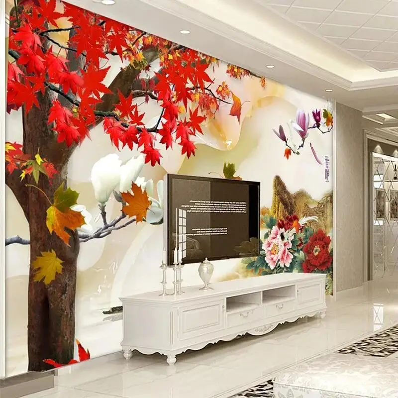 Custom Mural Wallpaper 3D Chinese Style Peony Flower Maple Leaves Landscape TV Background Photo For Living Room Papel De Parede