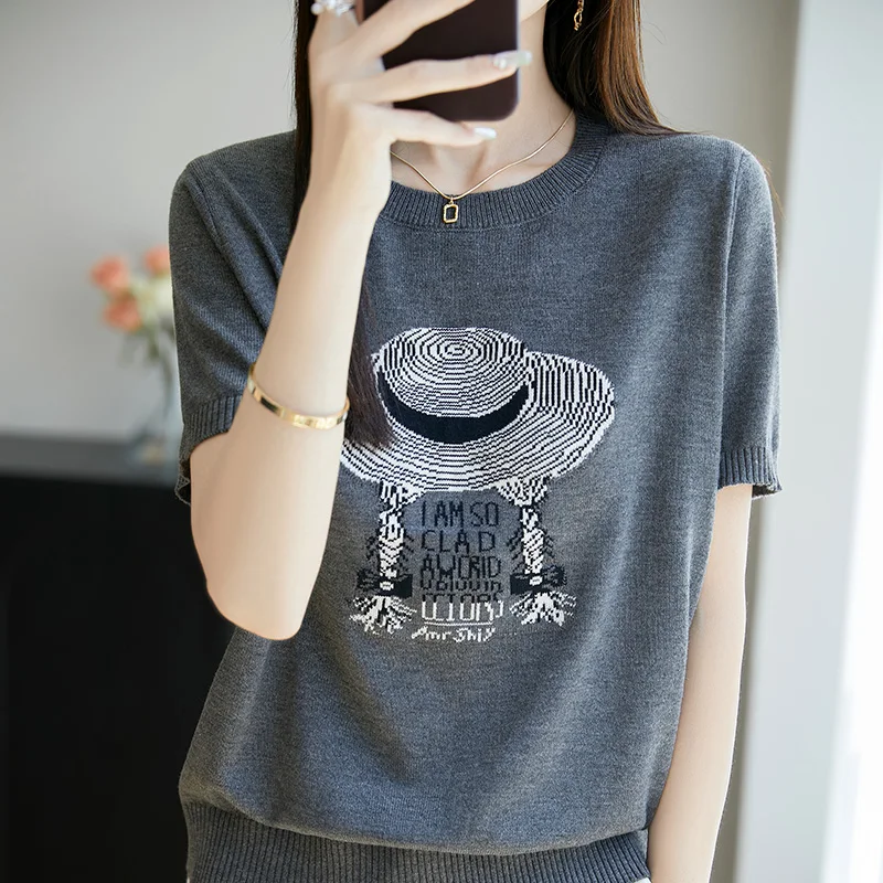 

Серая жаккардовая вязаная футболка с коротким рукавом для женщин, лето 2026, новая корейская версия, свободный крой, тонкий вязаный топ, трендовая модель