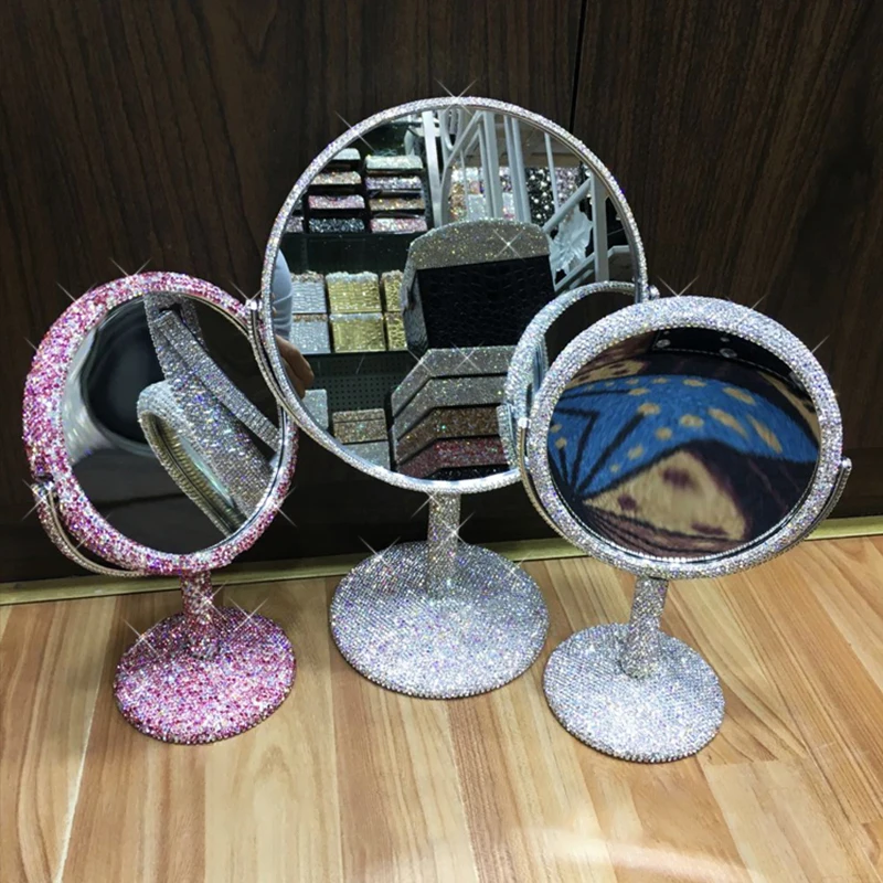 Sparkling Diamond Mirror Creative Diamond Inlaid Makeup Mirror Rotatable Girl Bling Room Table Makeup Decorative Round Mirror