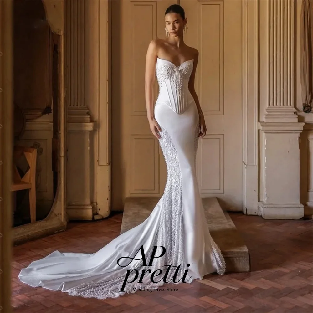 AP pretti Customized Modern Sweetheart Collar Beaded Bridal Gown Satin Mermaid Wedding Dresses For Woman Vestidos De Novia