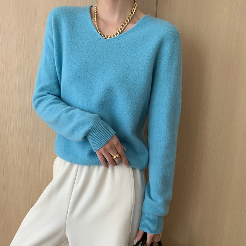 2024 High Quality Women Loose Style 100% Wool Sweater Basic V-Neck Pullovers Fleece Clothes Tops For Women Sweater Pull Femme