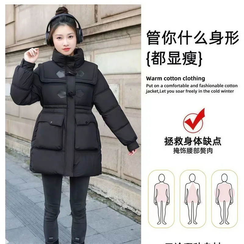 سترة قطنية متوسطة إلى طويلة، مجموعة أزياء جديدة لعام 2025، سترة قطنية لتخسيس الخصر، ياقة واقفة، قطن سميك ودافئ