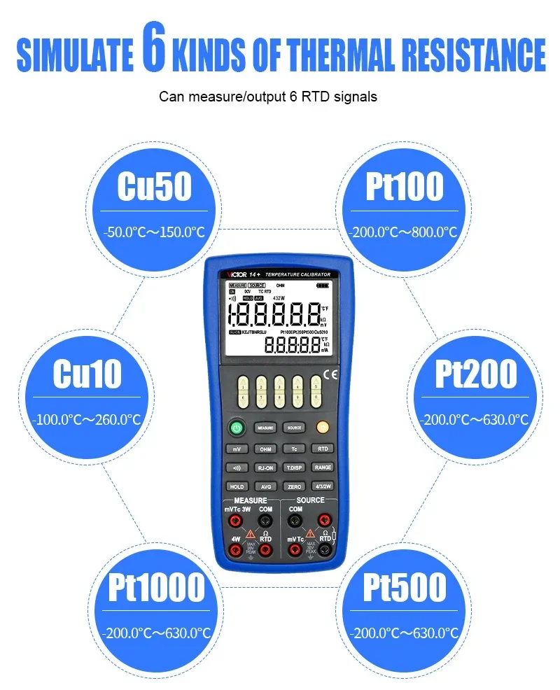 VICTOR 14+ Temperature Calibrator With Measure And Source Function 2-wire,3-wire,4-wire Connection Or Ohm And RTD Measurement