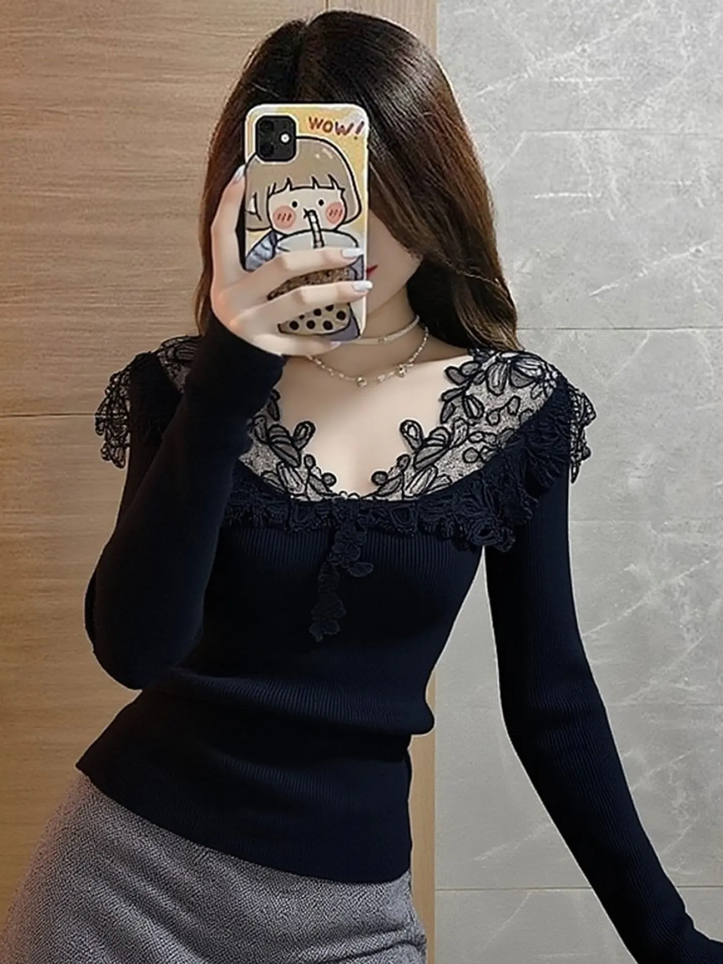 

Ele Long Sve Knitted Lace Patchwork Slim Fit Faionable Base irt Spring Commute Korean Sle V-Ne Warmth Clothing