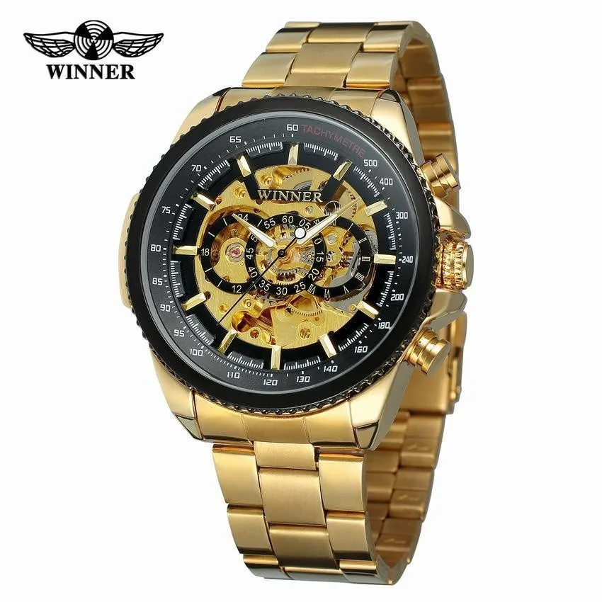 

Top Brand Luxury Gold Winner Men Watch Cool Mechanical Automatic Wristwatch Stainless Steel Band Male Clock Skeleton Roman Dial