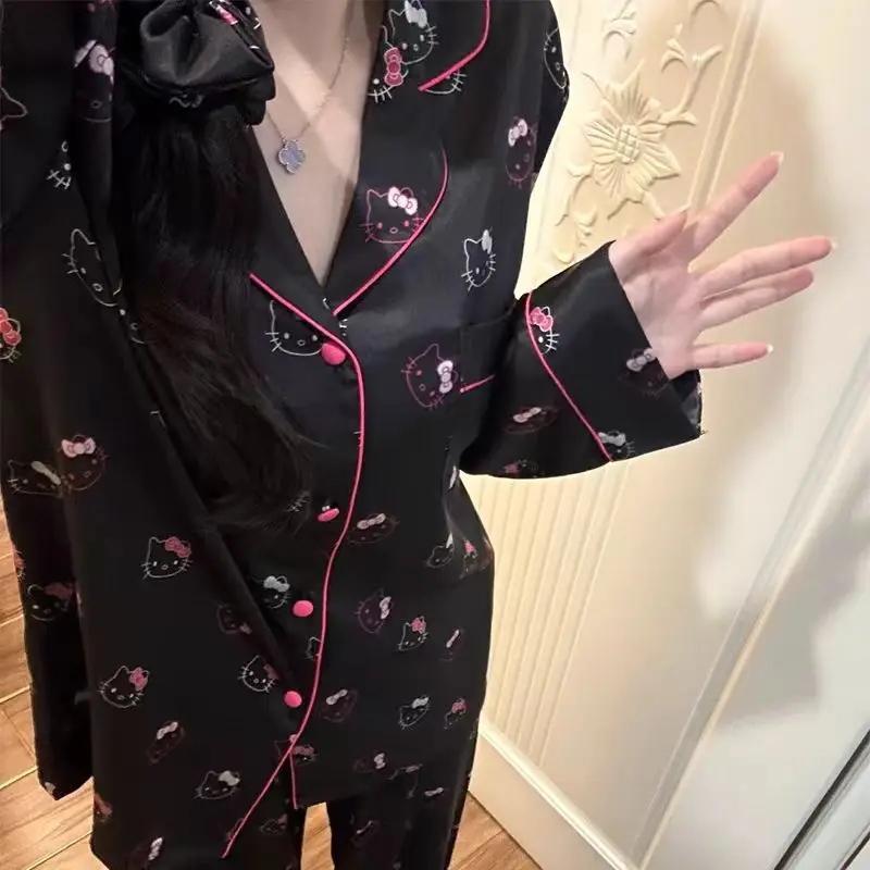 Pijama de seda helada Sanrio Hello Kitty para mujer, camisón de primavera con pantalón y manga larga ﻿ Conjunto de Ropa de Dormir Kawaii con Dibujos Animados, Estilo Nuevo