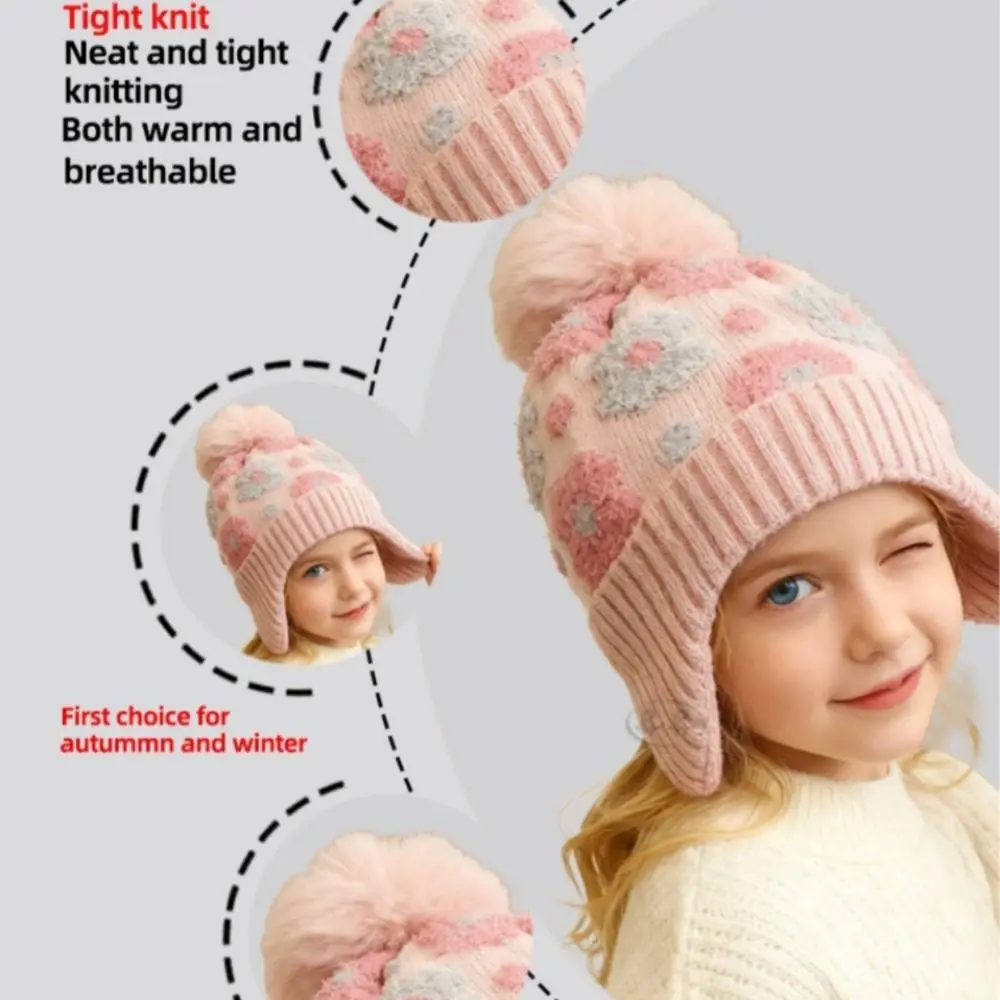 New Winter Flower Ear Protector Hat 2-8Y Windproof Toddler Bonnet Thicken Kids Warm Pompom Knitted Hats Children's Outdoor